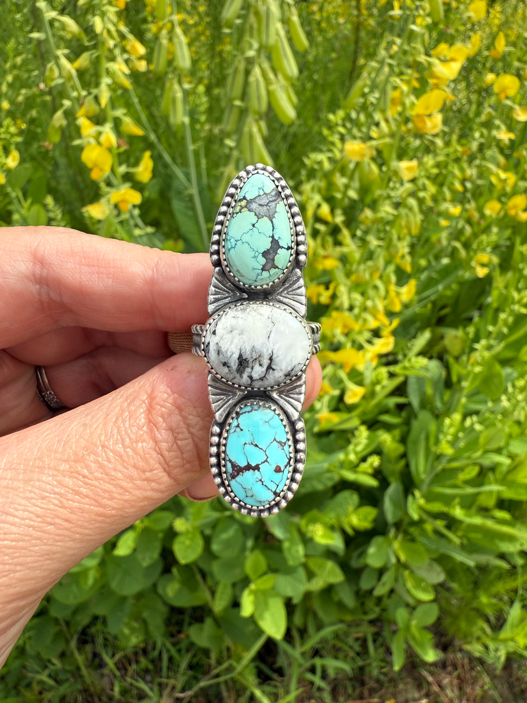 Blue Moon Turquoise, White Buffalo, Golden Hills Lavender Turquoise 3 Stone Ring - Size 9