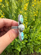 Load image into Gallery viewer, Blue Moon Turquoise, White Buffalo, Golden Hills Lavender Turquoise 3 Stone Ring - Size 9
