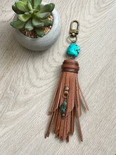 Load image into Gallery viewer, Handmade Brown and Turquoise Leather Clip Tassel Keychain

