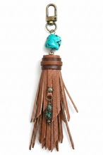 Load image into Gallery viewer, Handmade Brown and Turquoise Leather Clip Tassel Keychain
