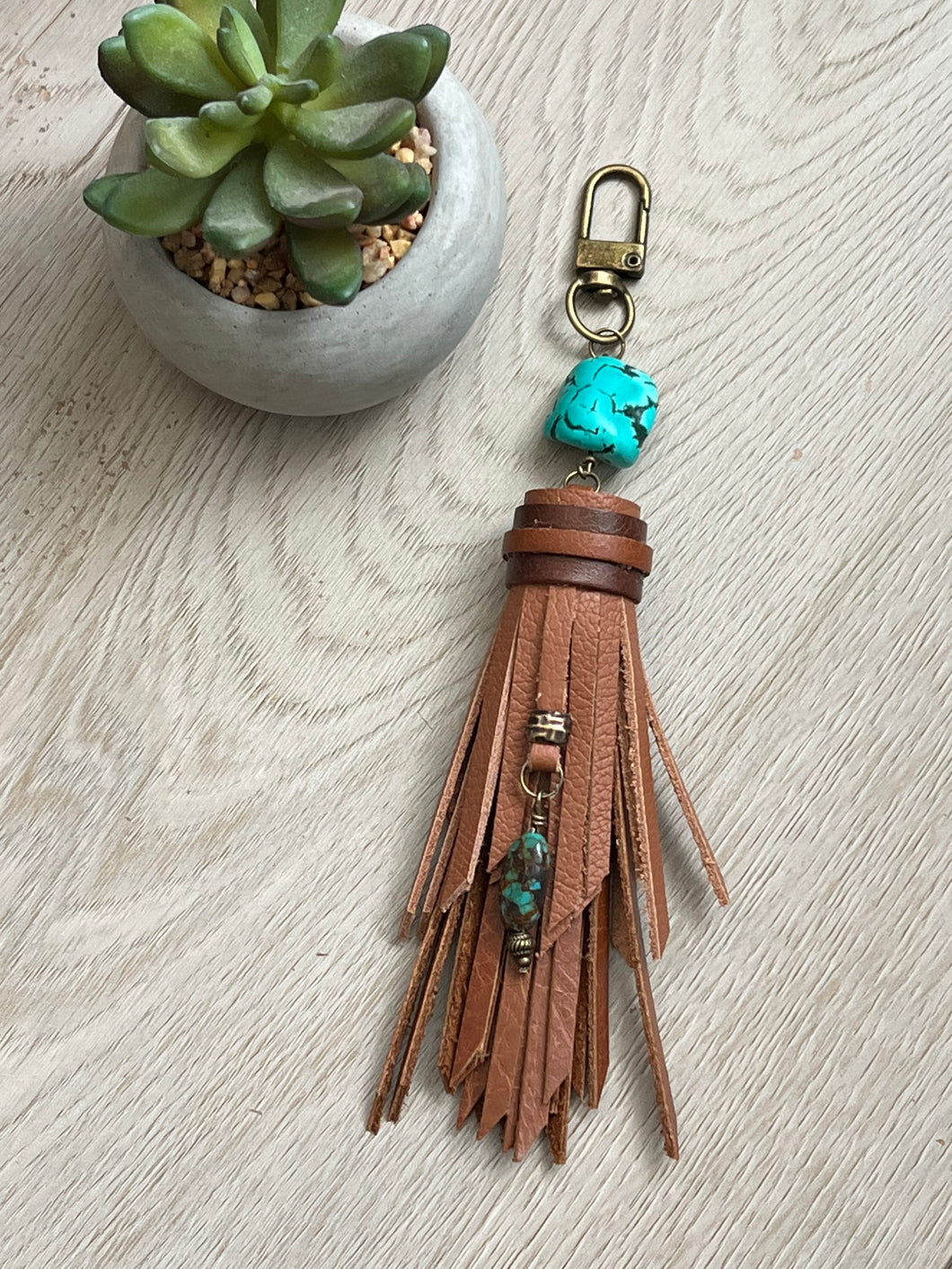 Handmade Brown and Turquoise Leather Clip Tassel Keychain