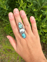 Load image into Gallery viewer, Blue Moon Turquoise, White Buffalo, Golden Hills Lavender Turquoise 3 Stone Ring - Size 9

