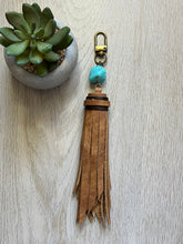 Load image into Gallery viewer, Handmade Saddle Brown and Turquoise Leather Clip Tassel Keychain
