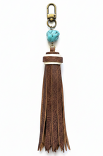 Load image into Gallery viewer, Handmade Brown and Turquoise Leather Clip Tassel Keychain
