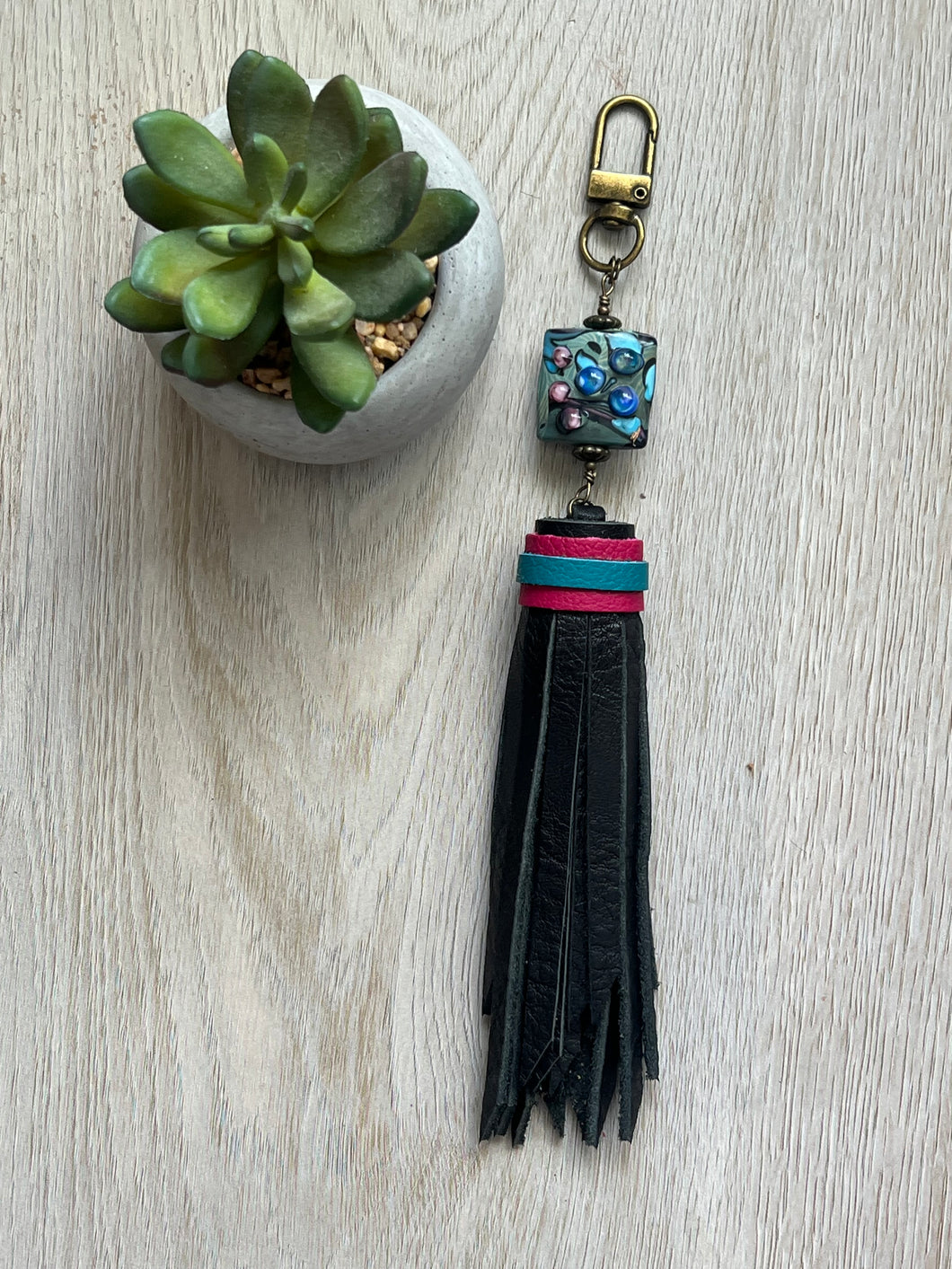 Handmade Black Leather Clip Tassel Keychain