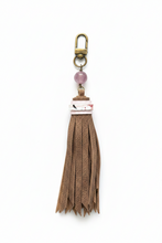 Load image into Gallery viewer, Handmade Fawn Brown and Rose Quartz Leather Clip Tassel Keychain
