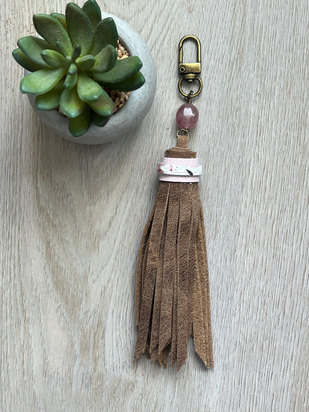 Handmade Fawn Brown and Rose Quartz Leather Clip Tassel Keychain