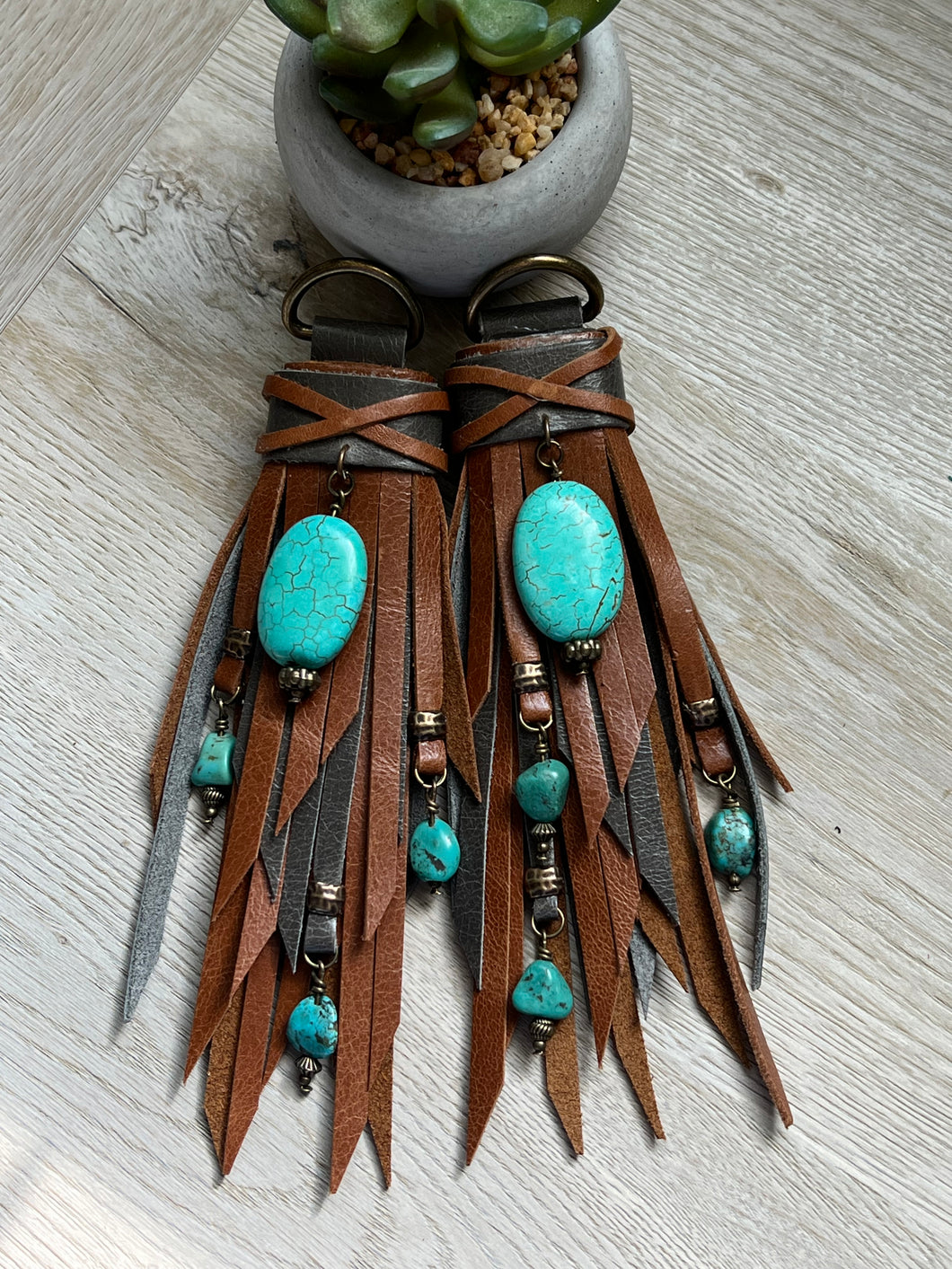 D- Ring Tassels - Cafe and Gray Leather with Genuine Turquoise Charm Accents