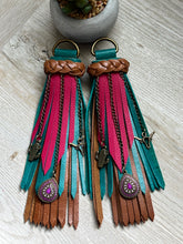 Load image into Gallery viewer, D- Ring Tassels - Cafe, Turquoise and Raspberry Leather with Antique Bronze Charms
