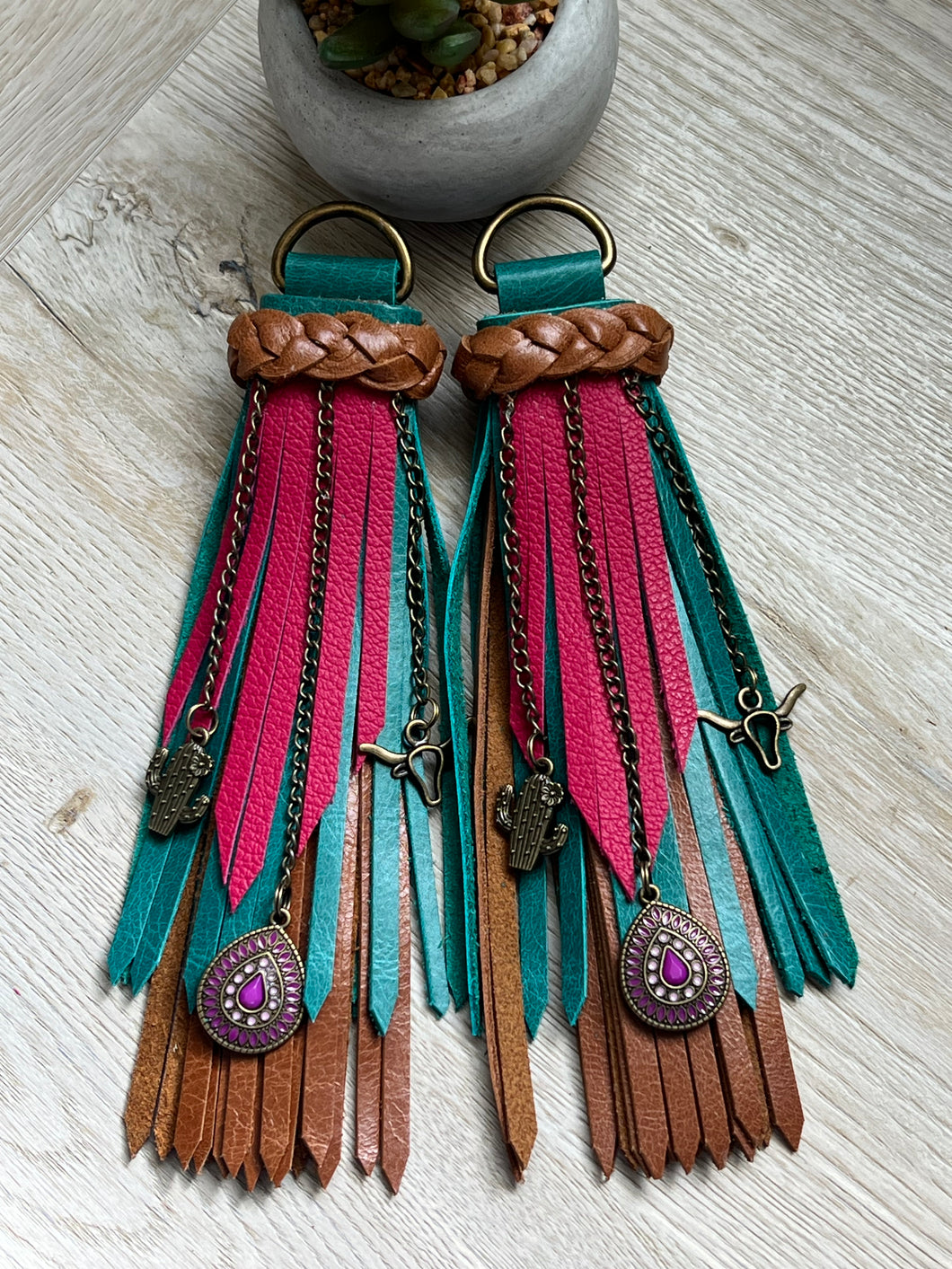 D- Ring Tassels - Cafe, Turquoise and Raspberry Leather with Antique Bronze Charms