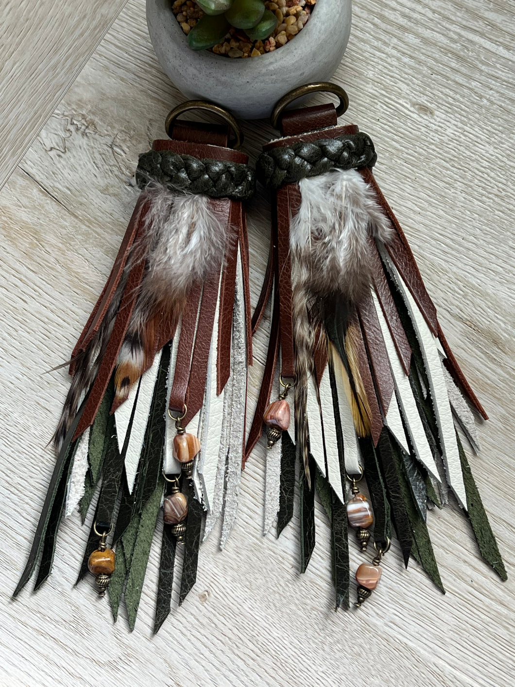 D- Ring Tassels - Olive, Cafe and Bone Leather with Genuine Orange Carnelian Beaded Charms and Feather Accents