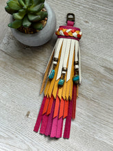 Load image into Gallery viewer, Clip Tassel - Hot Pink, Orange and Egg Shell Leather with Genuine Turquoise Beaded Charms
