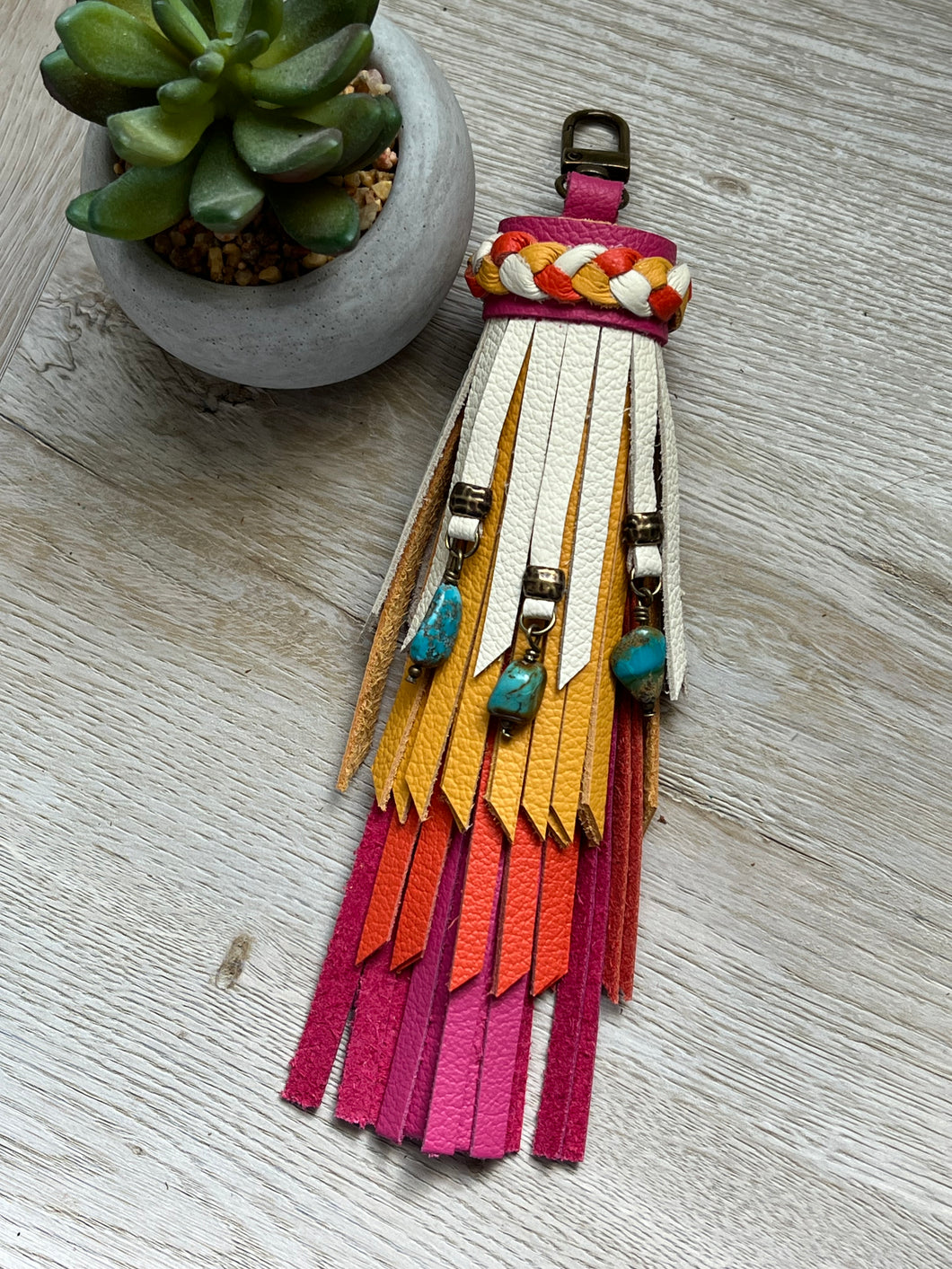 Clip Tassel - Hot Pink, Orange and Egg Shell Leather with Genuine Turquoise Beaded Charms