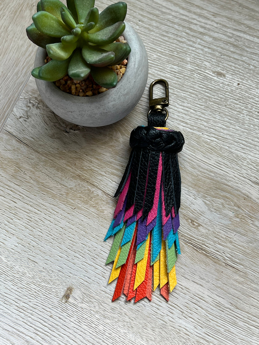 Mini Clip Tassel - Black and Rainbow Leather