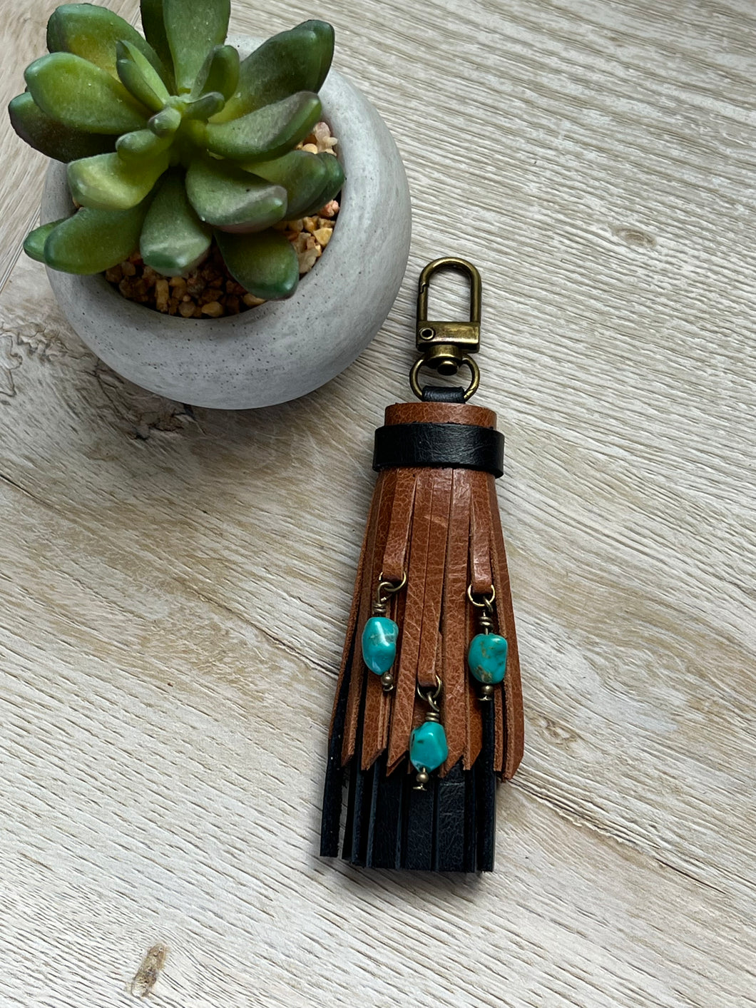 Mini Clip Tassel- Black and Cafe Leather with Turquoise Stone Charms