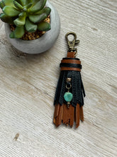 Load image into Gallery viewer, Mini Clip Tassel- Black and Cafe Leather with Genuine Turquoise Stone Charm
