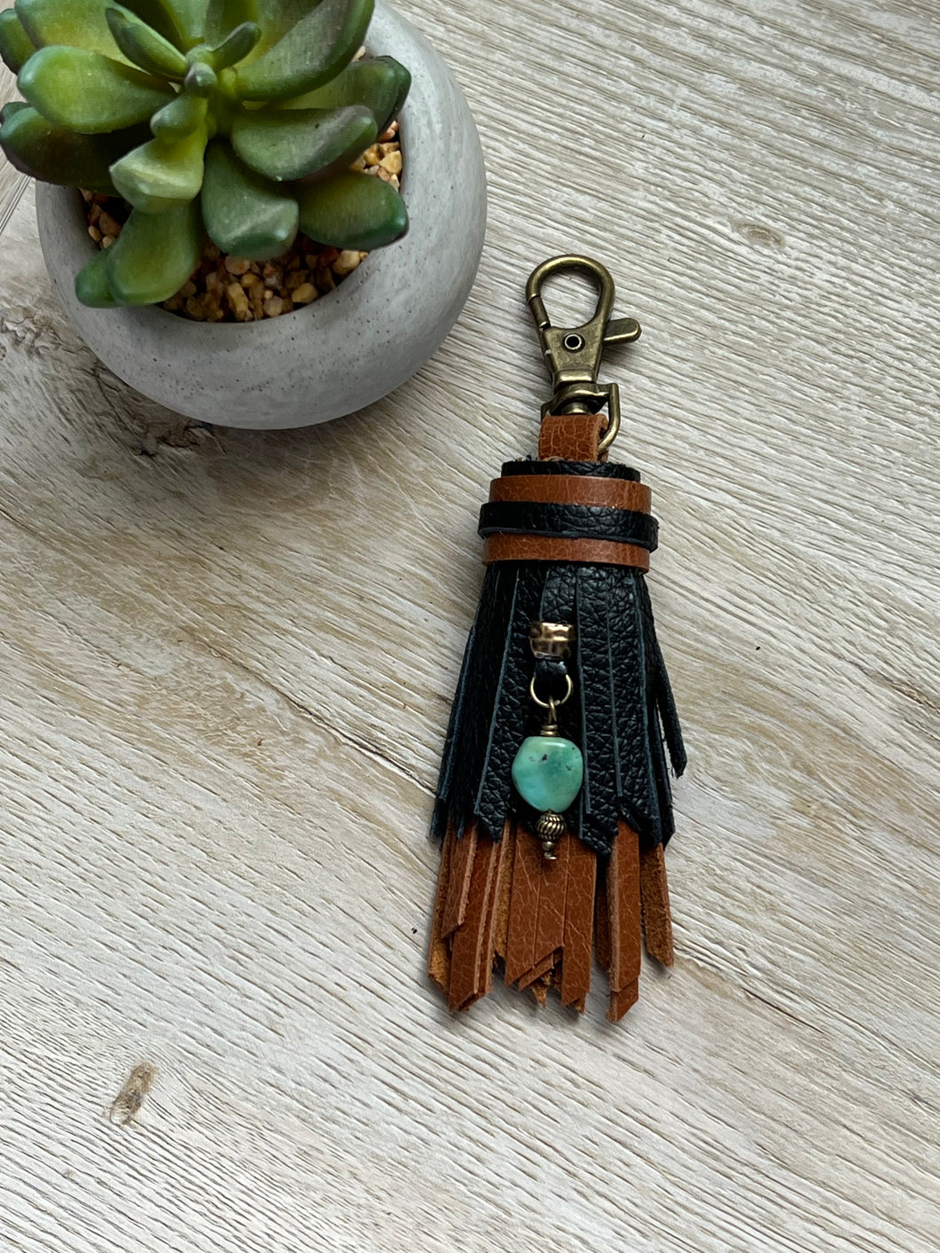 Mini Clip Tassel- Black and Cafe Leather with Genuine Turquoise Stone Charm