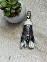 Load image into Gallery viewer, Mini Clip Tassel - Oil Slick and Bone Leather with Genuine Amethyst Stone Charm
