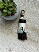 Load image into Gallery viewer, Mini Clip Tassel- Dark Chocolate and Bone Leather with Genuine Larimar Stone Charm
