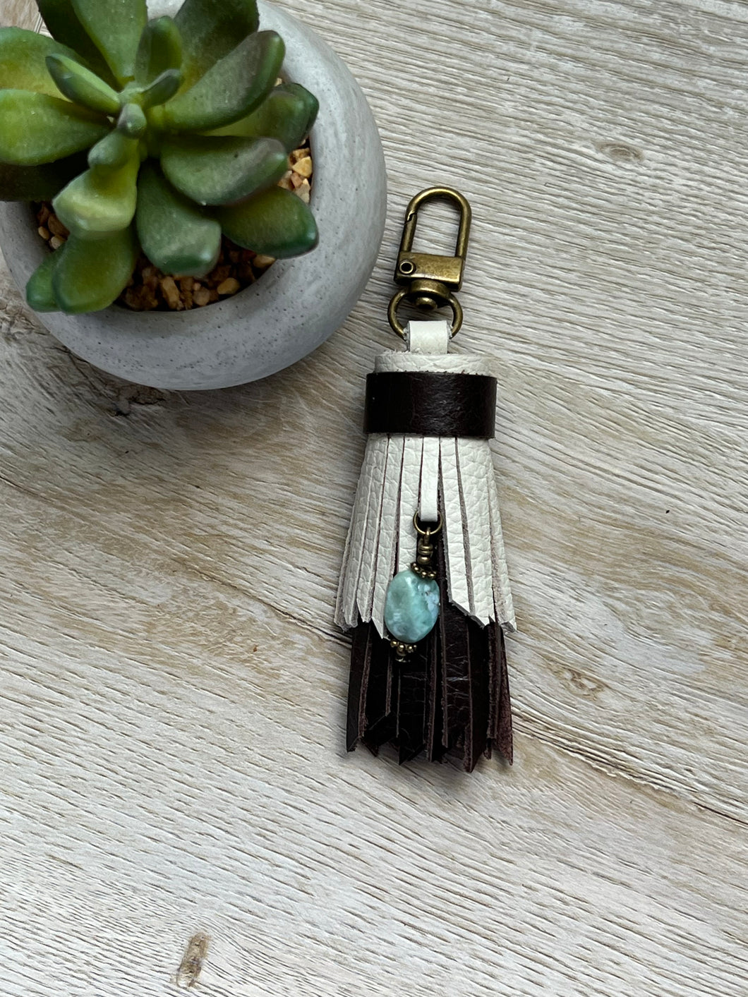 Mini Clip Tassel- Dark Chocolate and Bone Leather with Genuine Larimar Stone Charm