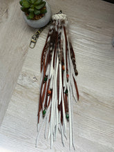 Load image into Gallery viewer, Long Clip Chain Tassel - Bone and Mocha Leather with Genuine Orange Carnelian and Green Seraphinite Beaded Charms and Feather Accents

