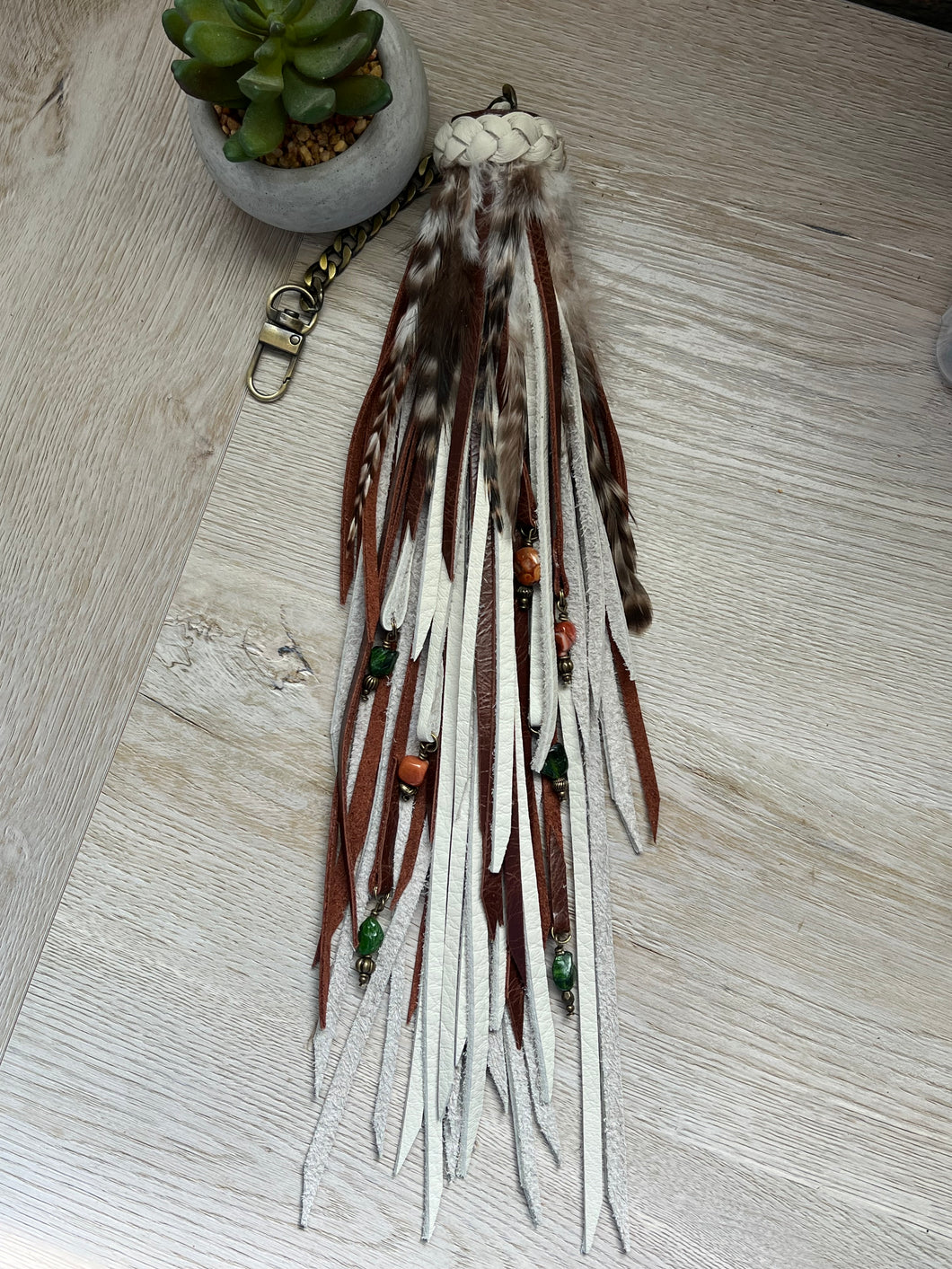 Long Clip Chain Tassel - Bone and Mocha Leather with Genuine Orange Carnelian and Green Seraphinite Beaded Charms and Feather Accents