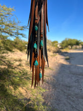 Load image into Gallery viewer, Long Clip Chain Tassel - Cafe and Black Mixto Leather with Genuine Turquoise Beaded Charms
