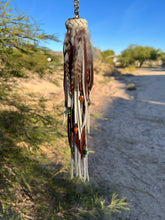 Load image into Gallery viewer, Long Clip Chain Tassel - Bone and Mocha Leather with Genuine Orange Carnelian and Green Seraphinite Beaded Charms and Feather Accents
