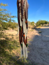 Load image into Gallery viewer, Long Clip Chain Tassel - Bone and Mocha Leather with Genuine Orange Carnelian and Green Seraphinite Beaded Charms and Feather Accents

