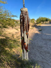 Load image into Gallery viewer, Long Clip Chain Tassel - Bone and Mocha Leather with Genuine Orange Carnelian and Green Seraphinite Beaded Charms and Feather Accents
