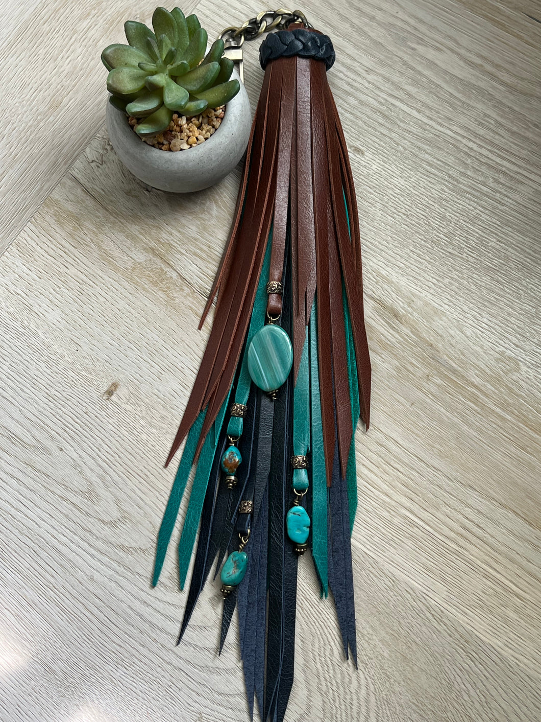 Long Clip Chain Tassel - Navy, Turquoise and Mocha Leather with Genuine Turquoise Beaded Charms