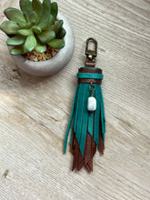 Load image into Gallery viewer, Mini Clip Tassel- Turquoise and Mocha Leather with Genuine Larimar Stone Charm
