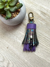 Load image into Gallery viewer, Mini Clip Tassel - Oil Slick and Purple Leather with Genuine Amethyst Stone Charm
