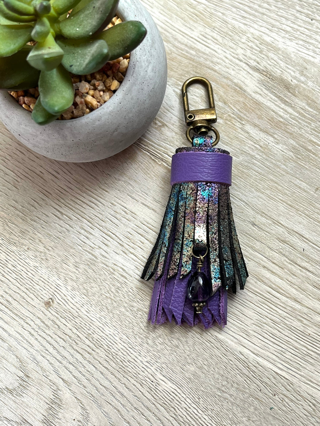 Mini Clip Tassel - Oil Slick and Purple Leather with Genuine Amethyst Stone Charm