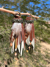 Load image into Gallery viewer, D- Ring Tassel SET - Olive, Cafe and Bone Leather with Genuine Orange Carnelian Beaded Charms and Feather Accents
