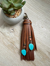 Load image into Gallery viewer, Mini Clip Tassel - Cafe and Mocha Leather with Turquoise Beaded Charms
