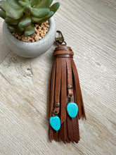 Load image into Gallery viewer, Mini Clip Tassel - Cafe and Mocha Leather with Turquoise Beaded Charms
