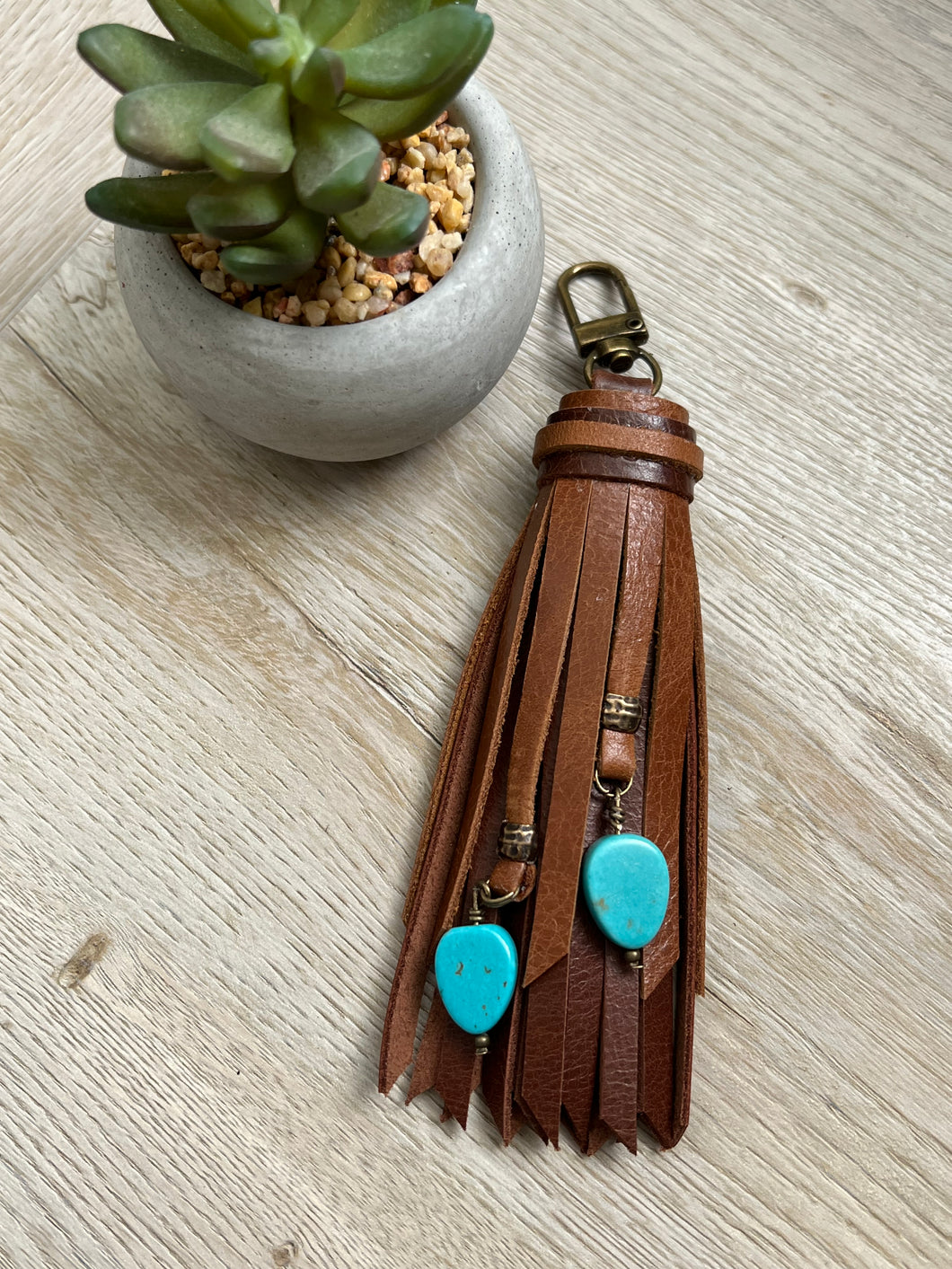 Mini Clip Tassel - Cafe and Mocha Leather with Turquoise Beaded Charms