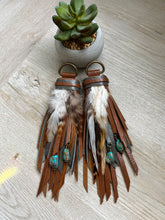 Load image into Gallery viewer, D- Ring Tassels - Cafe and Gray Leather with Genuine Turquoise Charm Accents and Feathers
