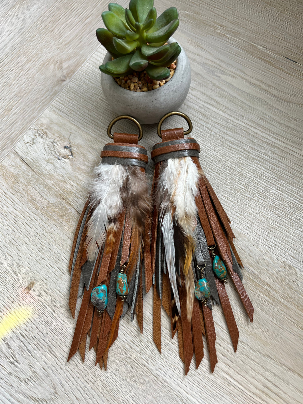 D- Ring Tassels - Cafe and Gray Leather with Genuine Turquoise Charm Accents and Feathers