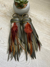 Load image into Gallery viewer, D-Ring Tassels - Army Green and Olive Leather with Feathers
