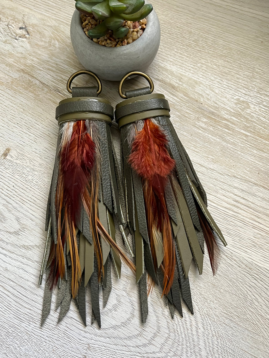 D-Ring Tassels - Army Green and Olive Leather with Feathers