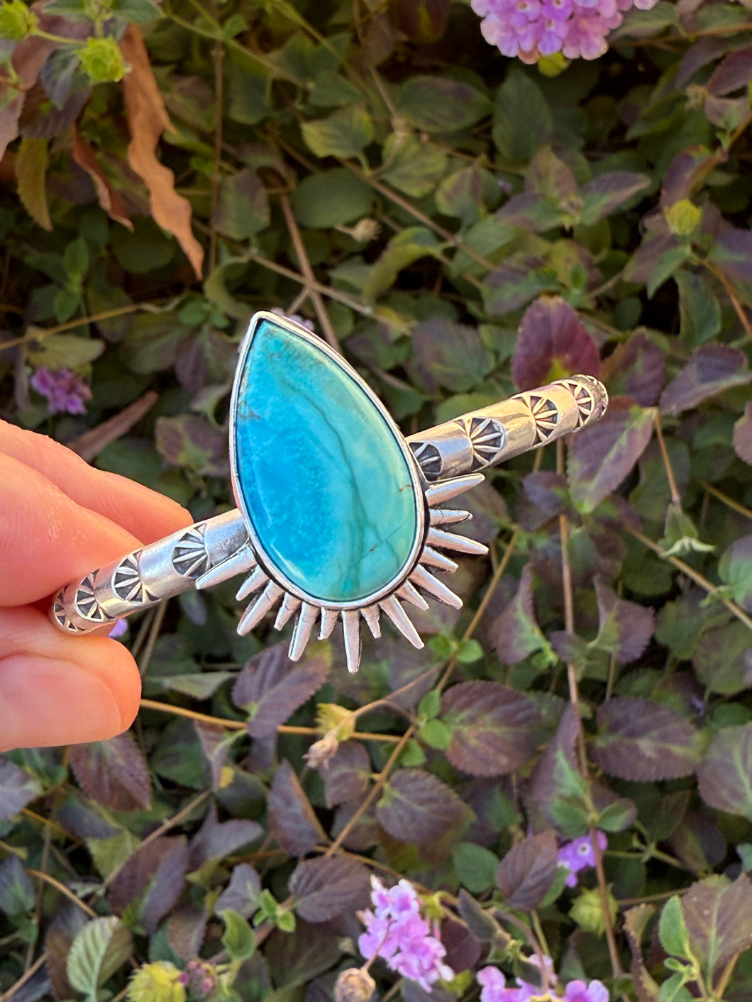 Sea Sediment Jasper Sun Burst Hand-stamped Sterling Silver Cuff Bracelet