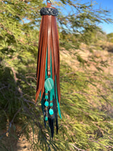 Load image into Gallery viewer, Long Clip Chain Tassel - Navy, Turquoise and Mocha Leather with Genuine Turquoise Beaded Charms
