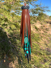 Load image into Gallery viewer, Long Clip Chain Tassel - Navy, Turquoise and Mocha Leather with Genuine Turquoise Beaded Charms
