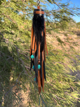 Load image into Gallery viewer, Long Clip Chain Tassel - Cafe and Black Mixto Leather with Genuine Turquoise Beaded Charms

