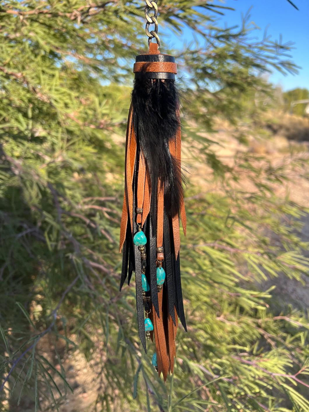 Long Clip Chain Tassel - Cafe and Black Mixto Leather with Genuine Turquoise Beaded Charms