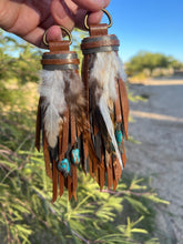 Load image into Gallery viewer, D- Ring Tassels - Cafe and Gray Leather with Genuine Turquoise Charm Accents and Feathers
