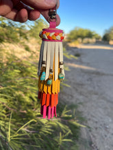 Load image into Gallery viewer, Clip Tassel - Hot Pink, Orange and Egg Shell Leather with Genuine Turquoise Beaded Charms
