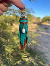 Load image into Gallery viewer, Mini Clip Tassel- Turquoise and Mocha Leather with Genuine Larimar Stone Charm
